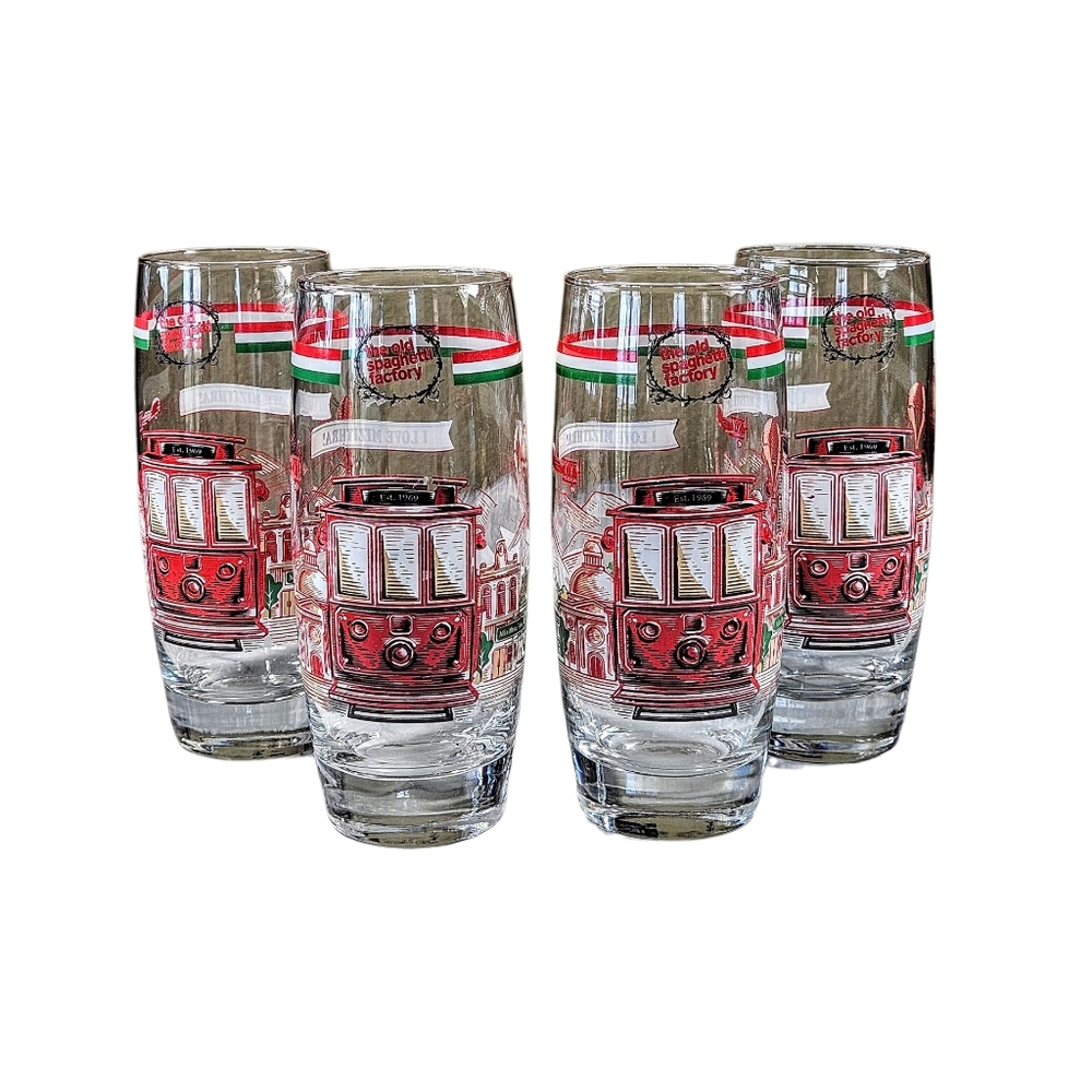 Vintage Old Spaghetti Factory Drinking Glass Tumbler Italian Restaurant Set Of 4